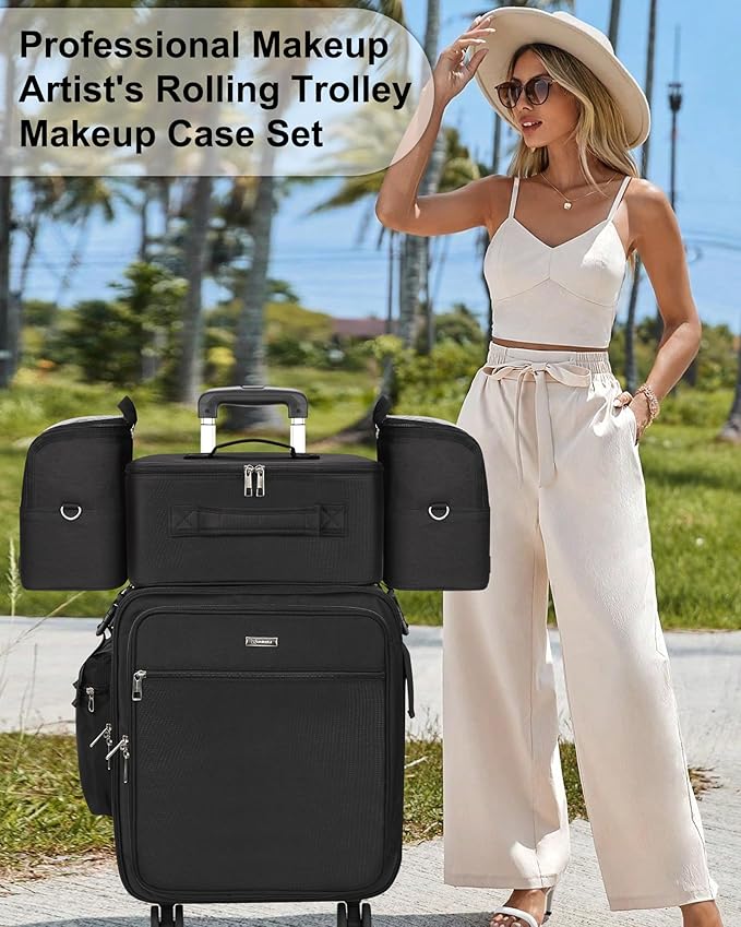 Relavel Rolling Makeup Case–Professional Makeup Train Case,Makeup Artist Travel Bag with Wheels,8-in-1 Portable Travel Beauty Trolley Case for Cosmetology Storage(Black)