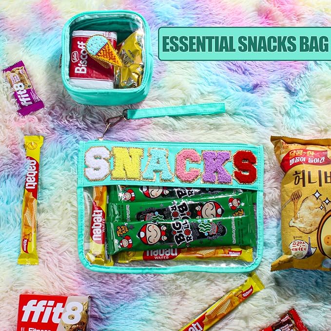 2 Pcs Snacks Bag Gifts Cosmetic Makeup Bag with Chenille Letter Patch, Clear Pouch PVC Organizer Purse, Waterproof Travel Bag, Portable Toiletry Storage Bag for Her Girls Friends Women