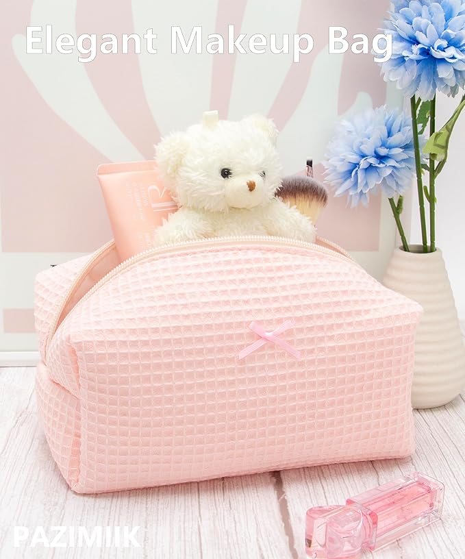 PAZIMIIK 2PCS Cozy Makeup Bag Travel Cosmetic Bag for Women Soft Toiletry Bag Aesthetic Makeup Organizer Portable Large Zipper Pouch for Skincare Beauty Accessories Brushes Waffle Check Light Pink