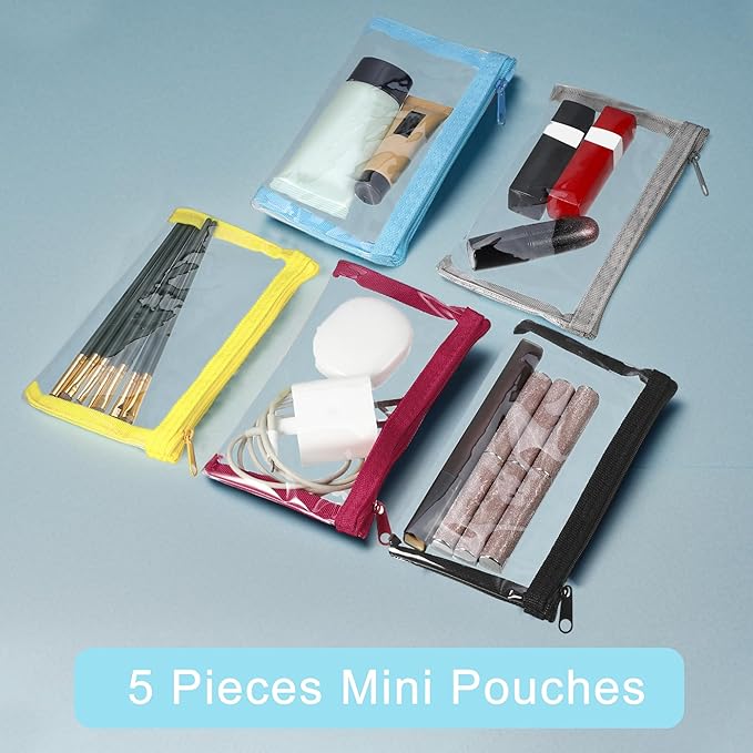 VOCOSTE 5pcs Small Makeup Pouches for Purse, Mini Clear Zipper Bag, 5Colors Transparent Case Cosmetic Pouch Waterproof Travel Organizer for Women