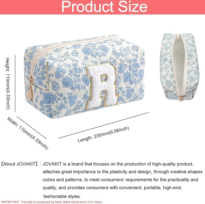 JOVAKIT Alphabet Makeup Bag Cosmetic Bag for Women, Christmas Gifts for Girls Age 6-18, Floral Flowers Coquette Travel Toiletry Zipper Make Up Pouch Organizer Trendy Stuff (Blue Floral R)