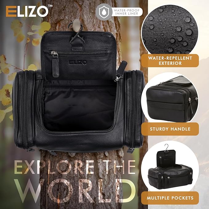 ELIZO Genuine Leather Toiletry Bag for Men Mens Toiletry Bags for Traveling Waterproof Hanging Leather Dopp Kit w/Hook Extra largeToiletry Bag Travel Organizer for Toiletries