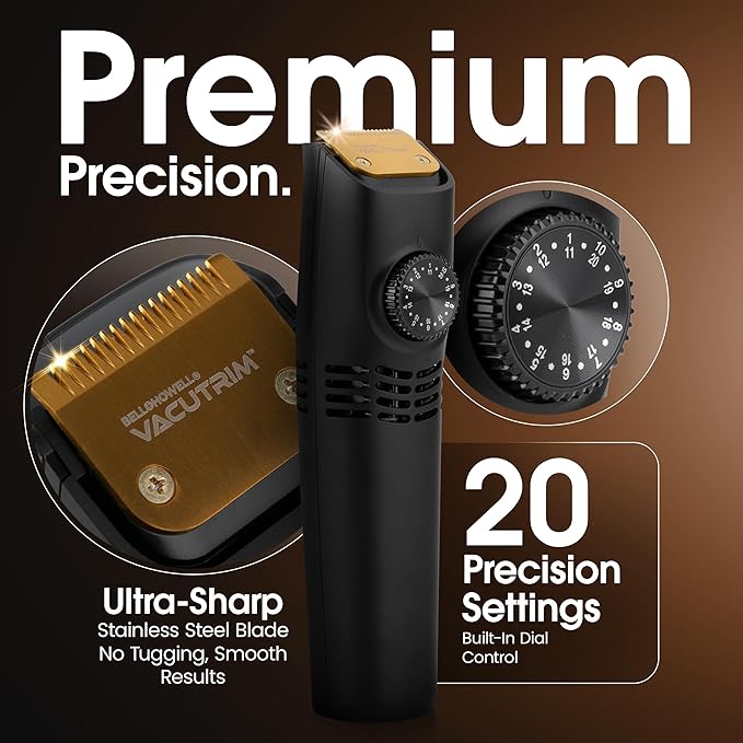 Vacutrim Cordless Mens Beard Trimmer, Rechargeable Electric Shaver with 20 Trim Setting Calibration Dial and Built-in Vacuum for Mustache, Sideburns. Facial Hair, Black, 7.5", As Seen On TV