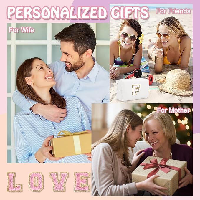 Small Initial Preppy Makeup Bag, Personalized Travel Cosmetic Organizer Chenille Letter White Toiletry Zipper Pouch, Portable Waterproof Makeup Case Birthday Gifts for Female Friends Mom(Letter F)
