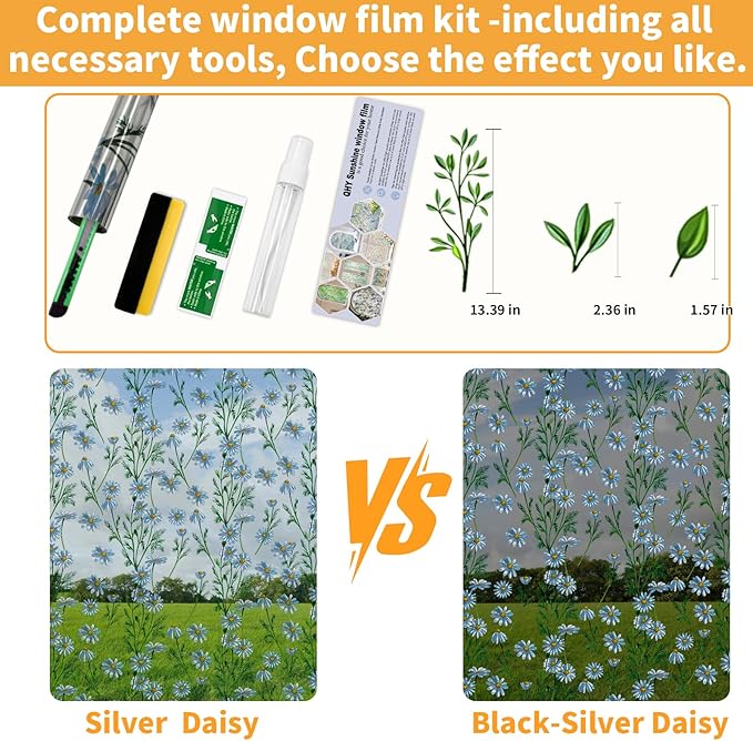 One Way Privacy Film, Window Tint for Home,Daytime Reflective, Anti UV Static Cling Sliding Door Coverings No Glue Garage Solar Paper (Silver -Daisy, 35.4X 78.7 in)