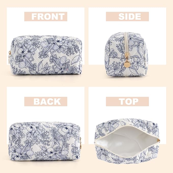 Makeup Bag Travel Toiletry Bag for Women, Small Cosmetic Bags Cute Quilted Cotton Makeup Pouch for Purse Emergency Bag for School Floral Pencil Case Accessory Bag, Light Cyan