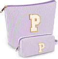 2 PCS Initial Makeup Bags for Women: Cosmetic Bag for Travel Toiletry - Birthday Gifts for 11 12 13 14 15 16 17 18 Years Old Girl Graduation Teacher Gift- Teen Girl Gifts Trendy Stuff - Purple P