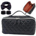 Makeup Bag, Travel Toiletry Bag for Women, Large Capacity Waterproof Rhombus Stitching PU Leather Cosmetic Bags Make Up Organizer Bags with Headband and Wristband Set (Black)