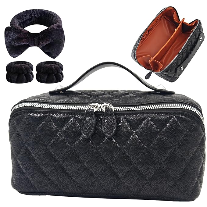Makeup Bag, Travel Toiletry Bag for Women, Large Capacity Waterproof Rhombus Stitching PU Leather Cosmetic Bags Make Up Organizer Bags with Headband and Wristband Set (Black)