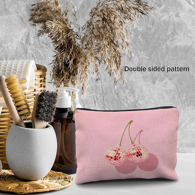 Cherry Makeup Bag - Preppy Hot Pink Disco Ball Gift for Women, Teachers, Teen Girls, and Sisters