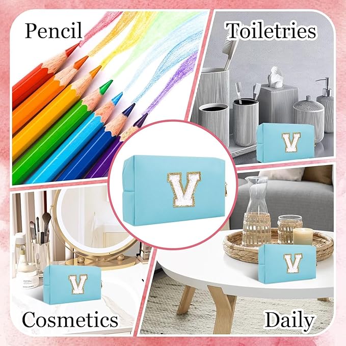 Small Personalized Letter Makeup Bag, Cute PU Leather Chenille Letters Cosmetic Bag Travel Makeup Pouch, Preppy Travel Organizer Zipper Pouch for Women&Girls（Blue-V）