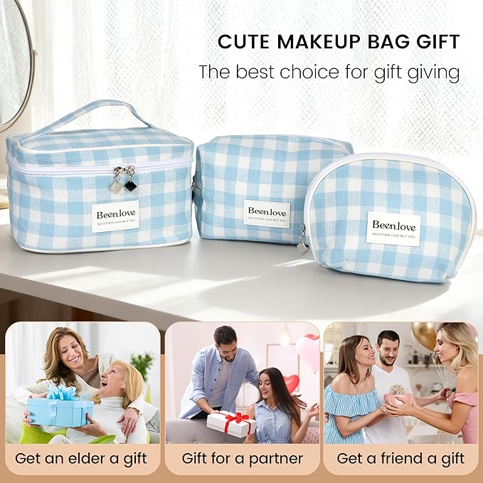 FAELBATY Checkered Makeup Bag, 3 Pack Large Travel Makeup Bag Set, Cosmetic Bag for Women (Blue)