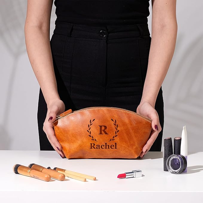 Luxury Personalized Leather Makeup Bags Crafted in USA, Full-Grain Leather Cosmetic Bag Engraved Name Initials or Logo, Birthday Anniversary Christmas or Mother Gift, Italian Zipper, Purse for Women