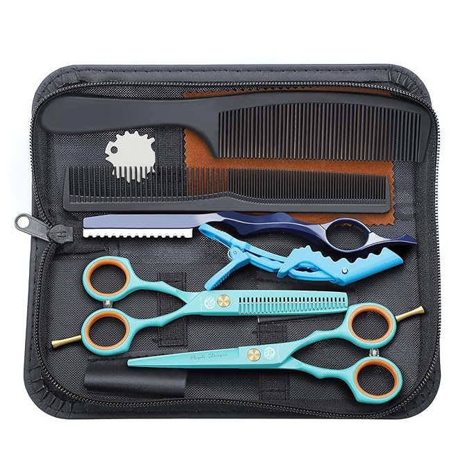 Purple Dragon 5.5 inch Hair Cutting Scissors Set with Razor, Leather Scissors Case, Barber Hair Cutting Shears Hair Thinning/Texturizing Shears for Professional Hairdresser or Home Use (Blue)