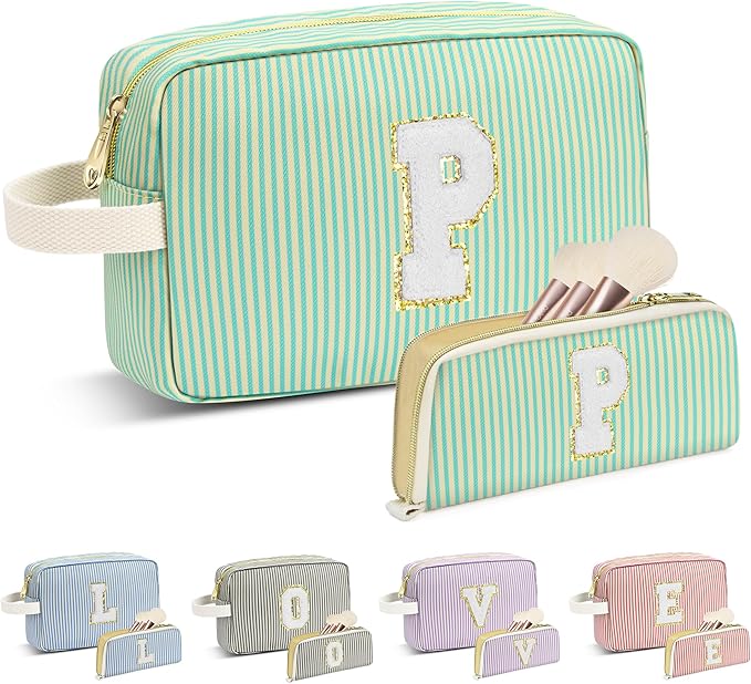 Travel Makeup Bag Christmas Gifts for Women Girl Teens, Personalized Initial Makeup Bag for Cute Teen Girls, Preppy Stuff Toiletry Bag Cosmetic Bag, Teen Girls Gift Trendy Stuff, Letter P