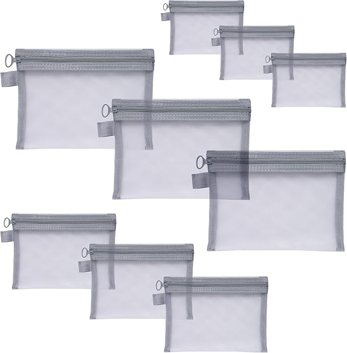Quotidian Flat Clear Mesh Zipper Pouch Gray Makeup Brush Bag Travel Organizer 3-Size Pack of 9 - Vacation Gym Everyday Carry School