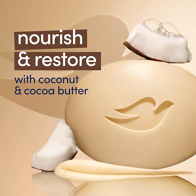 Dove Beauty Bar Soap Restoring Coconut & Cocoa Butter, 8 Bars for Restored Skin, Nourishes Skin 3.75 oz