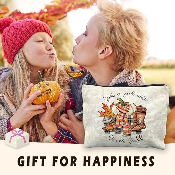 Just a Girl Who Loves Fall Makeup Bag, Fall Gifts for Women, Fall Lovers Gifts, Autumn Pumpkin Coffee Cosmetic Bag for Women, Fall Themed Gifts, Womens Makeup Bag, Fall Makeup Pouch