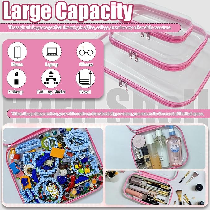 3 Pcs Clear Hard Zipper Case, Hard Shell Plastic Clear Organizer Bag, Transparent Makeup Pouches, Portable Box for Travel Toiletries Storage Bins (Pink, Multi)