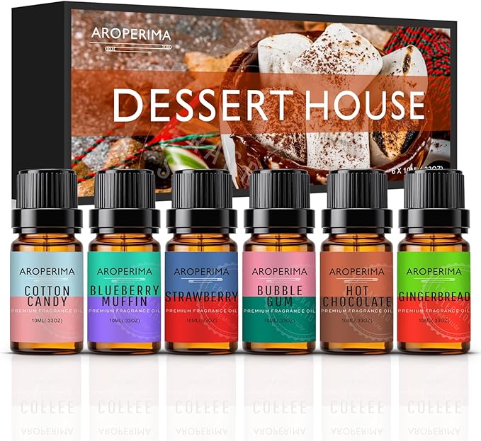 Dessert House Fragrance Essential Oil Set - Cotton Candy, Blueberry Muffin, Hot Chocolate, Bubble Gum, Strawberry, Gingerbread 6x10ML for Diffusers, Massage, Perfume, Soap Making and Candle