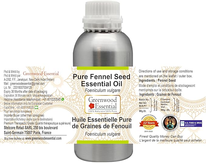 Greenwood Essential Pure Fennel Seed Essential Oil (Foeniculum vulgare) Steam Distilled 630ml (21.3 oz)