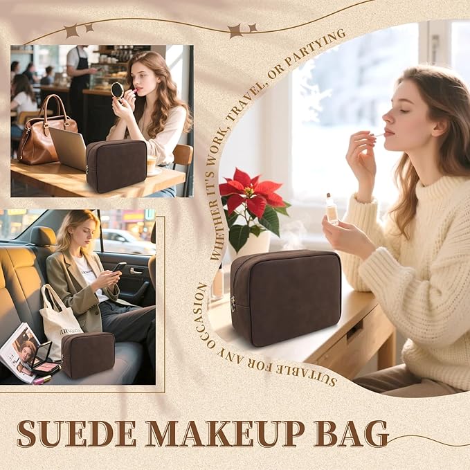 Waterproof Large Makeup Pouch,Suede Women Travel Toiletry Storage Preppy Cosmetic Bag for Girls,Big Makeup Organizer Bag Cute Zipper Pouch for Sport Work Gift(Large-Coffee)