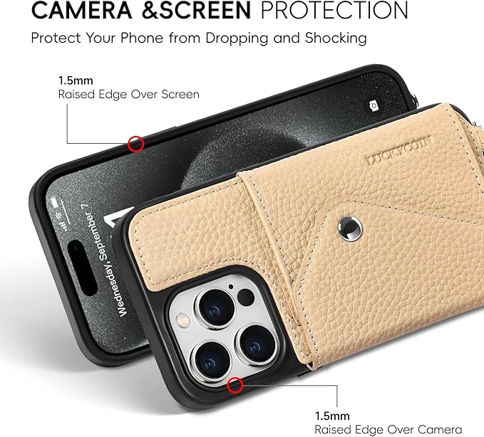 LUCKYCOIN Crossbody Wallet Phone Case for iPhone 15 Pro,100% Genuine Leather Wallet Phone Case with Expandable Flip Card Holder,Phone Purse for Women with Adjustable Removable Strap - Pebble Beige