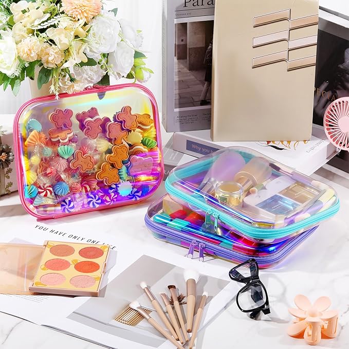 Hoolerry 3 Pcs Clear Hard Zipper Case Plastic Pouch Transparent Hard Case Clear Makeup Bag Portable Travel Organizer Bin for Cosmetics, Building Blocks, Puzzles(Laser,M)