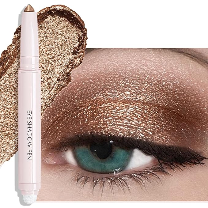 Eyeshadow Stick, Bronze Shimmer Cream Eyeshadow Long-Lasting Crease-Proof Glitter Eye Shadow Eyeliner Pencil High Pigmented Neutral Highlighter Makeup with Blending Brush & Built-in Sharpener
