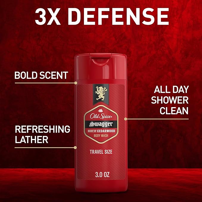 Old Spice Refreshing Body Wash for Men, 3X Defense, 24/7 Shower Fresh with Long Lasting Scent, Travel Size, Red Collection, Swagger with Cedarwood Scent, 3 oz