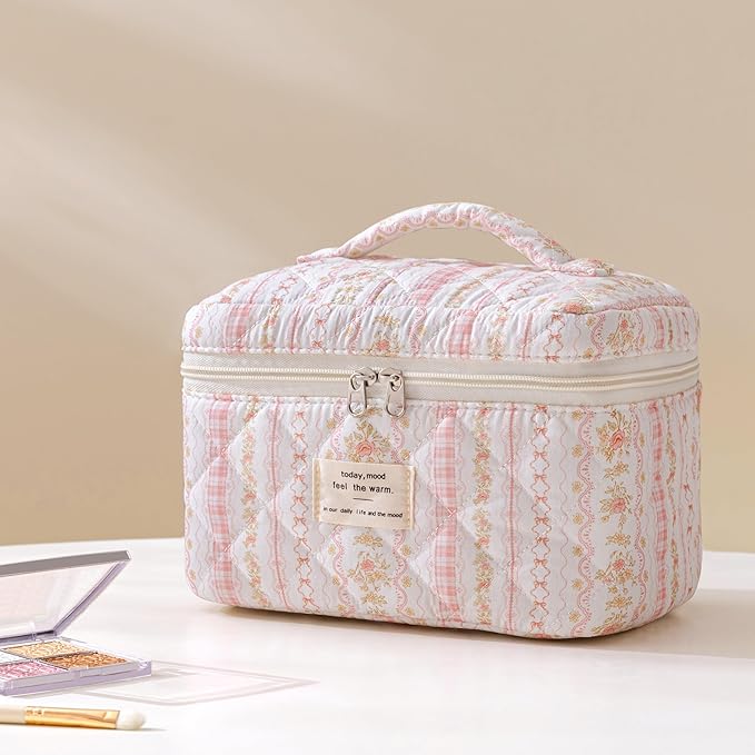 HBselect Quilted Makeup Bag, 3PCS Cotton Large Travel Makeup Bag, Cute Floral Coquette Make up Bag Cosmetic Bag Toiletry Bag for Women Girls