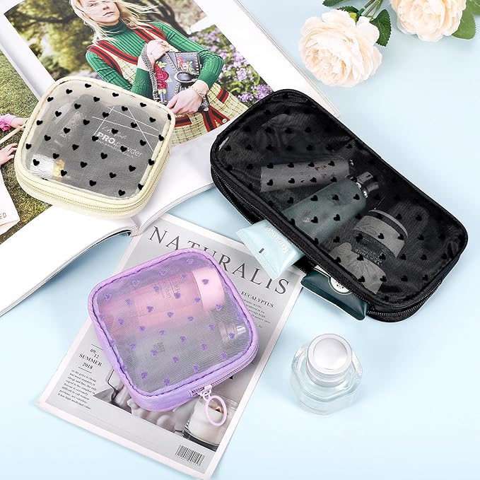 4 Pieces Mini Zipper Nylon Mesh Pouch, Mesh Cosmetic Bags Makeup Bags, Multipurpose Travel Toiletry Bags for Office Supplies and Travel Accessories (Heart Print-Purple, S)