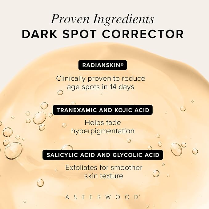 Asterwood Dark Spot Corrector for Face Serum - with Radianskin - with Tranexamic Acid, Kojic Acid, Glycolic Acid, & Salicylic Acid - 1 Fl Oz