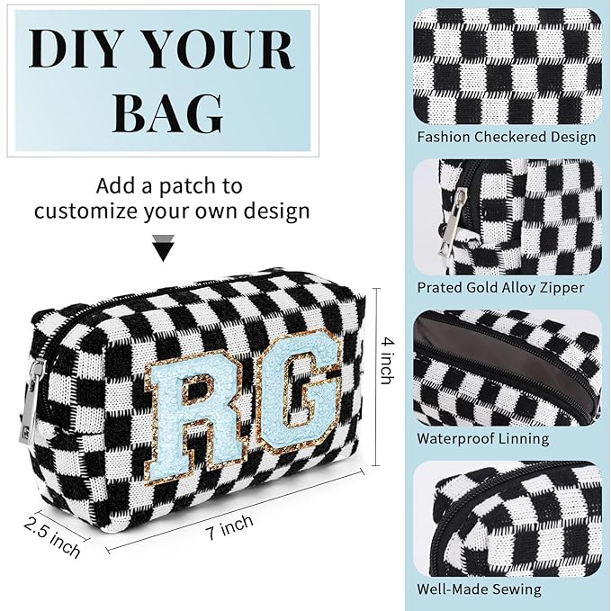 SOIDRAM Checkered Makeup Bag Preppy Cosmetic Bag Bulk Black Makeup Pouch Personalize Travel Toiletry Bag Organizer Cute DIY Makeup Brushes Storage Bag for Women