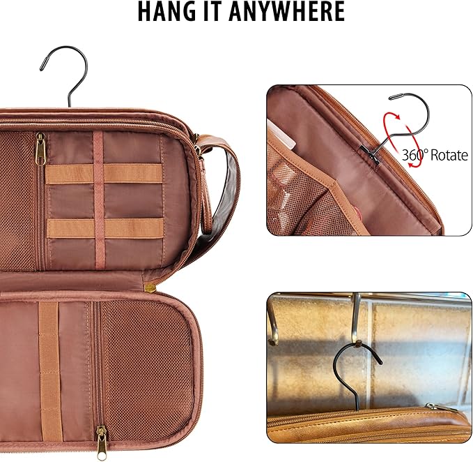 Travel Toiletry Bag for Men, Large Hanging Toiletries Organizer Bags for Women, Cruise Ship Essentials, Water-resistant Shaving Case, PU Leather Makeup Accessories Cosmetic Dopp Kit, Dark Brown