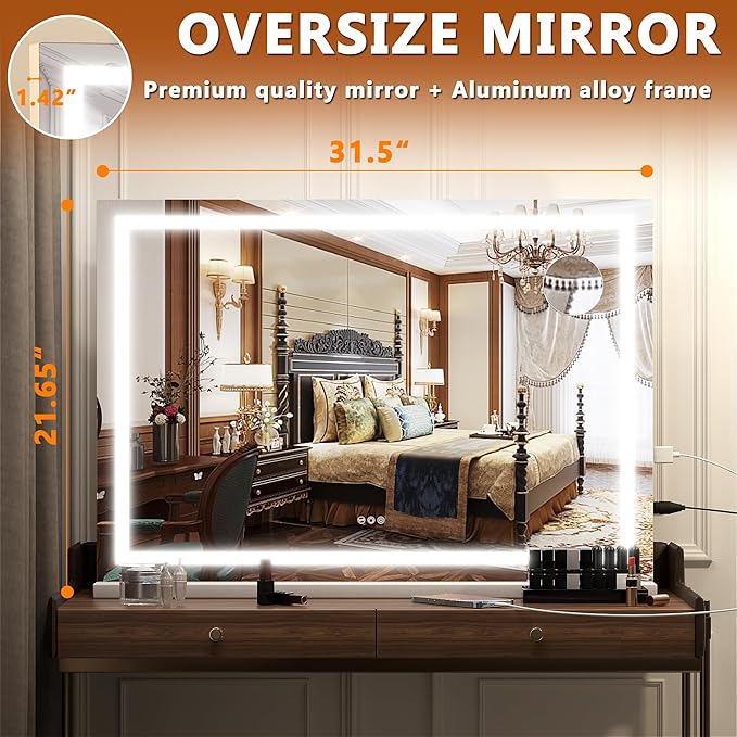 Hasipu Vanity Mirror with Lights, 32" x 22" LED Makeup Mirror, Lighted Makeup Mirror with Dimmable 3 Modes, Touch Screen Control Vanity Mirror Square White