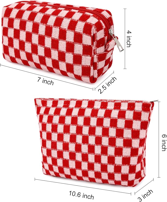 SOIDRAM 2 Pcs Checkered Makeup Bag Large Cosmetic Bag Toiletry Bag Makeup Pouch Travel Bag Organizer Cute Makeup Brushes Aesthetic Accessories Storage Bag for Women Red