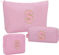 MONSTINA Personalized Initial Makeup Bag for Women,Monogram Make Up Case for Girlfriend Bridesmaid Wife,Birthday Gift for Her Cute Toiletry Bag,3PCS,Pink S