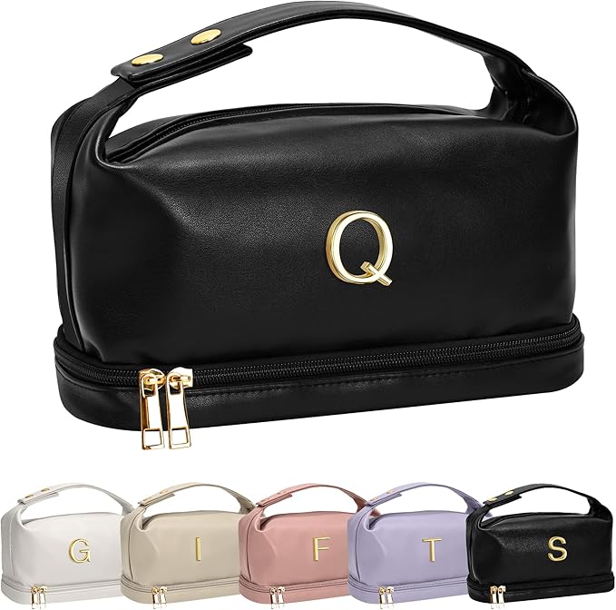 Initial Makeup Bag Personalized Bags with Handle, Waterproof Double Layer Cosmetic Bag, Large Capacity PU Leather Makeup Bags Letter Travel Toiletry Bag with Makeup Brush Organizer