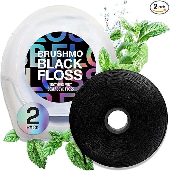 Brushmo Black Floss (BBFloss) - Expanding Floss, Gum-Friendly Soothing Mint Dental Floss, Natural Vegan Wax to Remove Plaque from Teeth, Dentist Designed PTFE & PFAS Free Oral Care, 2 Spools, 110 yd