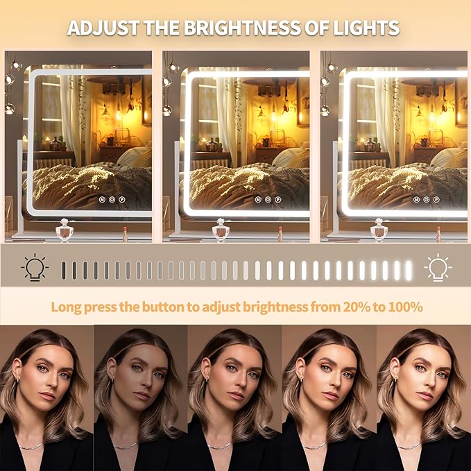 Hasipu Vanity Mirror with Lights, 35.4" x 23.6" LED Makeup Mirror, Light up Mirror with 10X Magnification and Phone Holder, USB Charging Port, Smart Touch 3 Colors Dimmable (White)