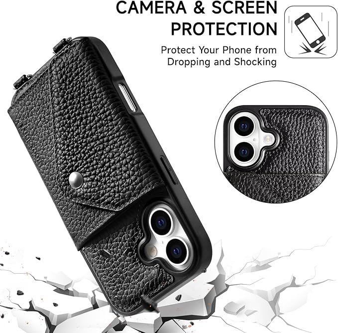 LUCKYCOIN Crossbody Wallet Phone Case for iPhone 17,100% Genuine Leather Wallet Phone Case with Expandable Flip Card Holder,Phone Purse for Women with Adjustable Removable Strap - Pebble Black