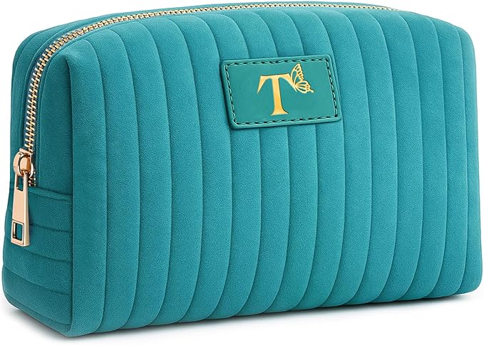 Monogrammed Make Up Bags for Women,Personalized Cosmetic Bags Women,Small Quilted Makeup Pouch,Cute Makeup Bag Travel,Birthday Gifts for Teen Girl (Blue T)