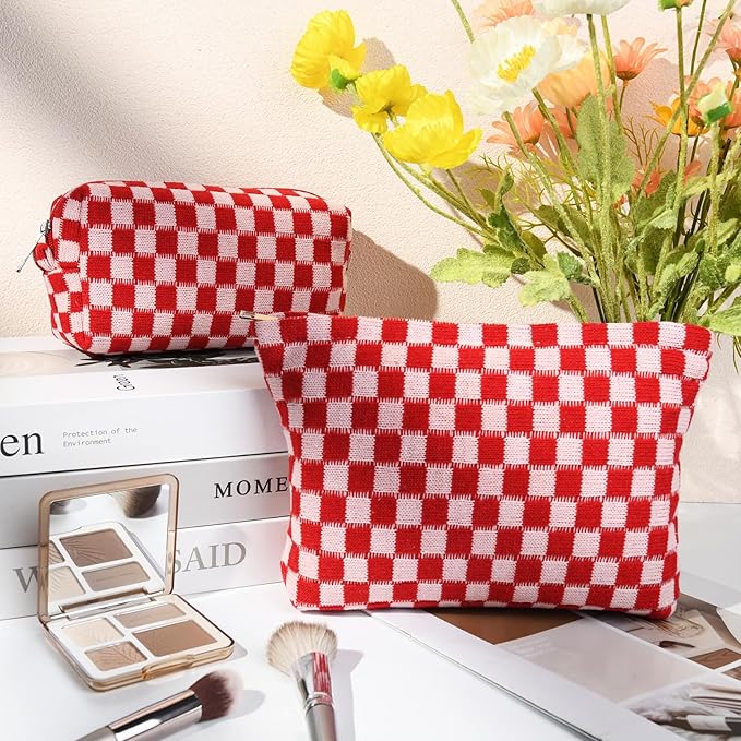 SOIDRAM 2 Pcs Checkered Makeup Bag Large Cosmetic Bag Toiletry Bag Makeup Pouch Travel Bag Organizer Cute Makeup Brushes Aesthetic Accessories Storage Bag for Women Red