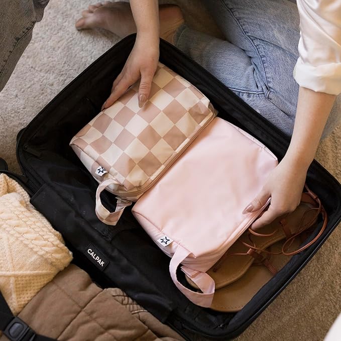 Tiny Twinkle Waterproof Travel Toiletry & Makeup Bag Organizer | Large Capacity Cosmetic Case with Compartments & Handle, A Thoughtful Travel Companion for Women（Beige Checkers