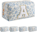 JOVAKIT Alphabet Makeup Bag Cosmetic Bag for Women, Christmas Gifts for Girls Age 6-18, Floral Flowers Coquette Travel Toiletry Zipper Make Up Pouch Organizer Trendy Stuff (Blue Floral A)