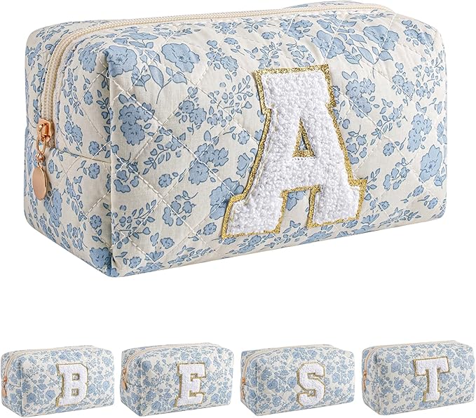 JOVAKIT Alphabet Makeup Bag Cosmetic Bag for Women, Christmas Gifts for Girls Age 6-18, Floral Flowers Coquette Travel Toiletry Zipper Make Up Pouch Organizer Trendy Stuff (Blue Floral A)