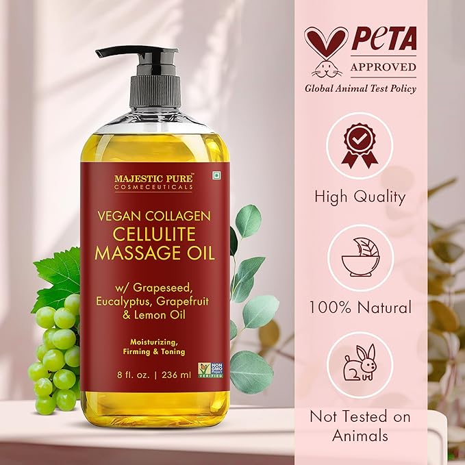 MAJESTIC PURE Massage Oil for Massage Therapy - Refreshing, and Relaxing - Natural Oils - for All Skin Types - Men and Women (8 Fl Oz, Cellulite Massage Oil with Roller)