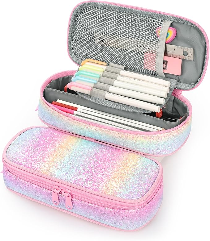 mibasies Girls Pencil Case for Kids, Multi-Slot Pencil Pouch, Pink Blue Rainbow