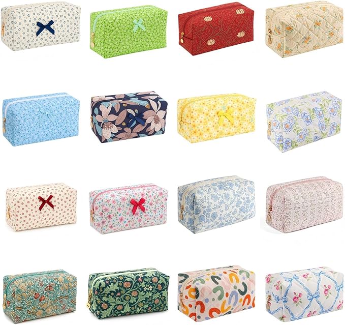 Floral Cotton Makeup Brush Cosmetic Bag for Women,Travel Quilted Zipper Pouch,Large Capacity Flowers Toiletry Organizer, Kawaii Makeup Storage Case, Cosmetic Travel Cloth Bag–Yellow/Orange Flowers